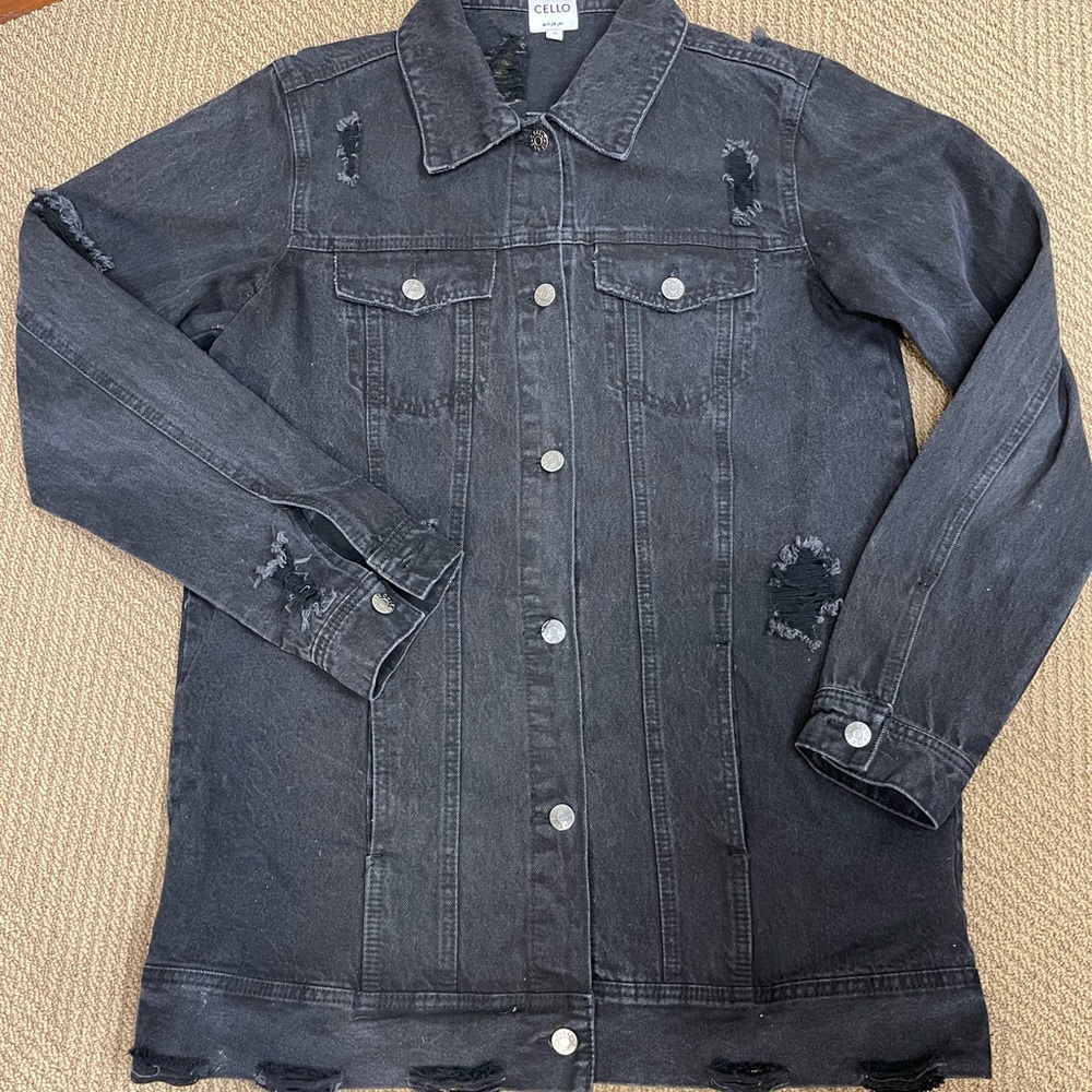 Cello Long Distressed Denim Jacket.